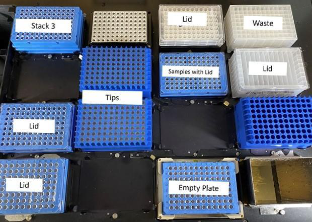 Top-down photograph of a liquid handler deck with labelled plate, tip and waste positions