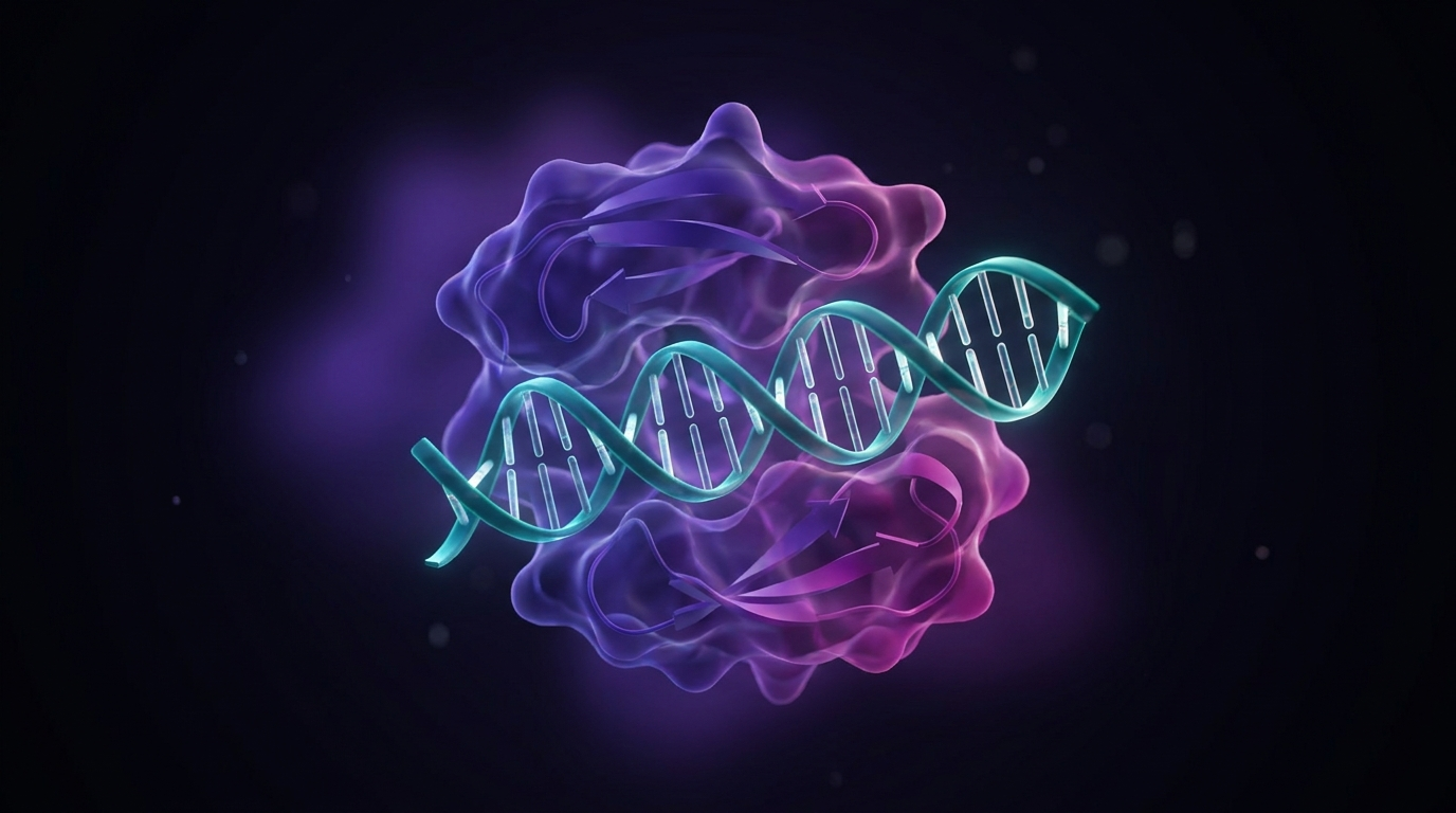 An engineered enzyme bound to a DNA duplex, rendered as a translucent protein body wrapped around the helix