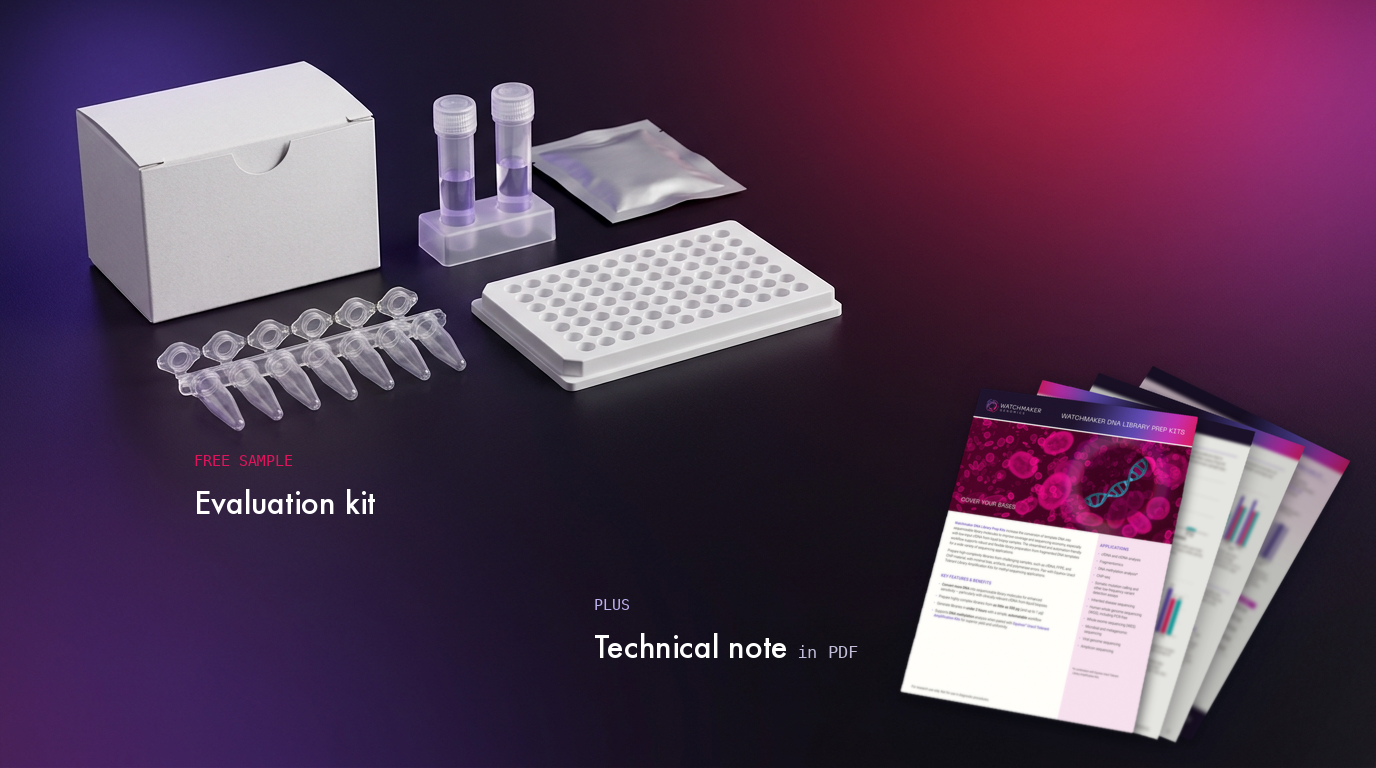 What arrives on your bench: a reagent evaluation kit with carton, foil pouch, reagent tubes in a rack, a PCR tube strip and a 96-well plate, beside the printed technical note