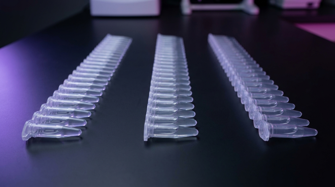 Three parallel sets of PCR tubes on a bench, standing for three library preparations run side by side